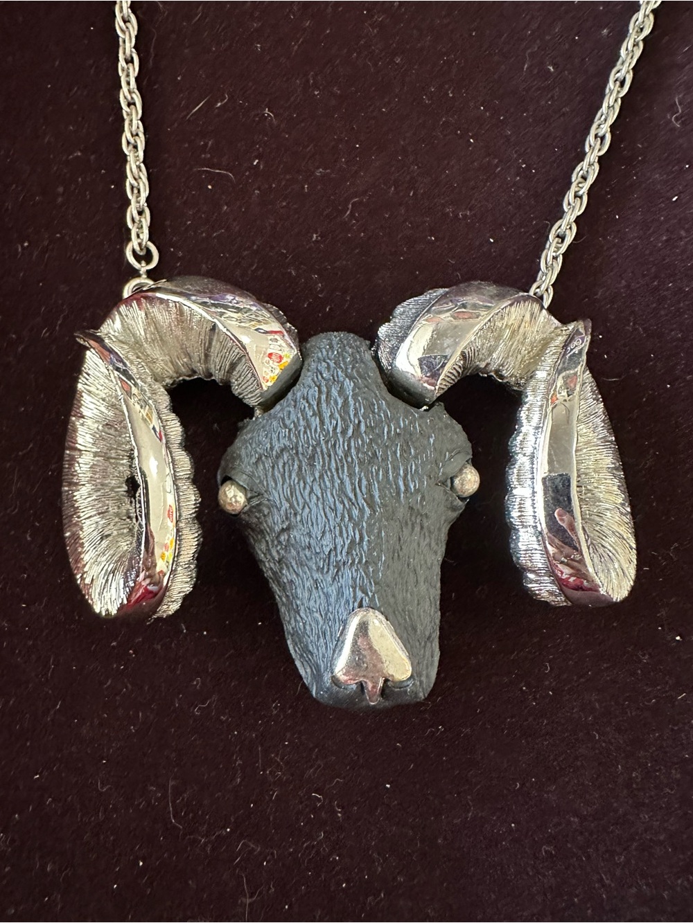 Vtg Signed RAZZA 1970s Aries Black Resin Silver Ram Necklace
